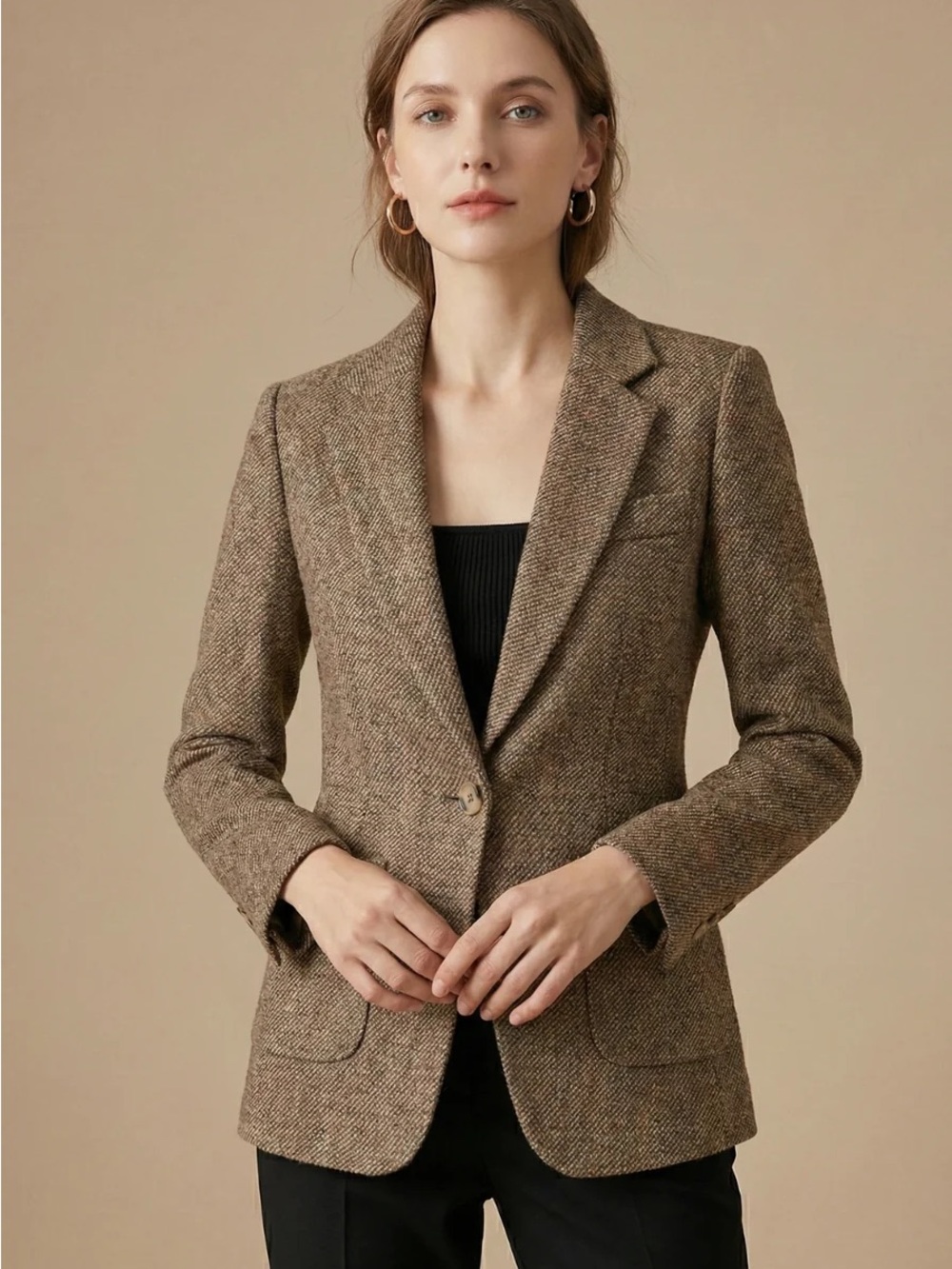 Women's Brown Tweed Single-Button Blazer